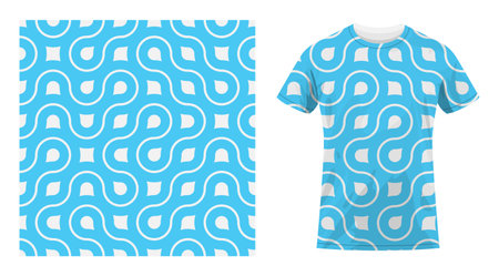 Short sleeved cotton sports t shirt decorated with abstract geometric blue seamless pattern with lines and fractal ornament. Comfortable summer clothes. Vector ornament for design of textile and fabricのイラスト素材