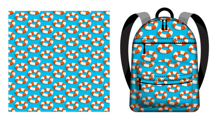 Children school backpack decorated seamless pattern with red white life buoy on blue sea waves....