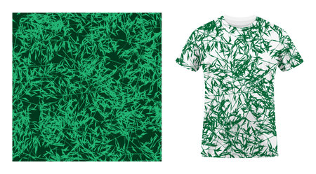 Short sleeved cotton sports t shirt decorated with camouflage grass leaves silhouettes seamless pattern. Grass floral ornate. Comfortable summer clothes. Vector ornament for design of textile and fabricのイラスト素材