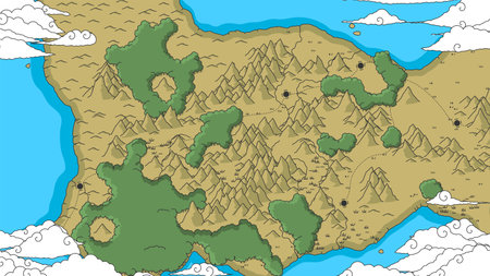 Hand drawn pirate map with terrain and route board game template. Route map of beach bay. Coast, beach, mountains, rivers and roads on children map. Children cartoon vector illustrationのイラスト素材
