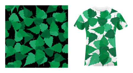 Short sleeved cotton sports t shirt decorated birch leaves silhouettes seamless pattern. Autumn leaves of birch tree. Comfortable summer clothes. Vector ornament for design of textile and fabricのイラスト素材