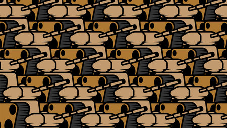 Horizontal banner with advancing army of tank columns with sand coloring and long barrel for firing projectiles at enemy. Heavy artillery and equipment on parade. Vector isolated on black backgroundのイラスト素材