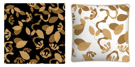 Square decorative pillow, bedroom accessory decorated black silhouettes of ash leaves seamless pattern. Autumn fallen leaves of ash tree. Vector ornament for design of posters and printing on textileのイラスト素材