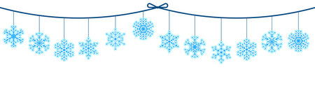 Horizontal garland of cut out paper snowflakes. Handmade children ornament. Christmas holiday banner decoration element. Simple flat vector isolated on white backgroundのイラスト素材