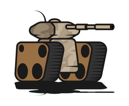 Battle army track tank with sand camouflage and long barrel for firing projectiles at enemy. Heavy self propelled artillery equipment. Cartoon outline vector isolated on white backgroundのイラスト素材