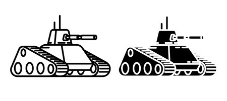 Linear icon, turret army track tank with long barrel for firing projectiles at enemy. Heavy artillery equipment. Simple black and white vector isolated on white backgroundのイラスト素材