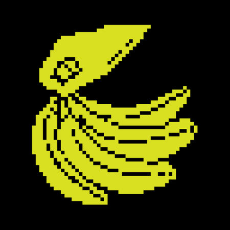 Pixel silhouette icon, female hand takes bunch of sweet ripe bananas. Harvesting tropical fruits. Simple black and yellow vector isolatedのイラスト素材