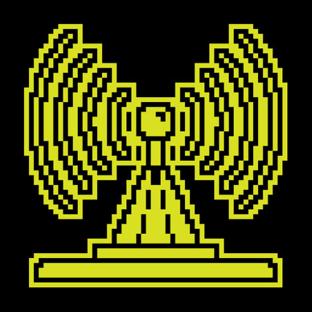 Pixel silhouette icon. TV antenna transmits signal. Radio and Television Day. Simple black and yellow vectorのイラスト素材