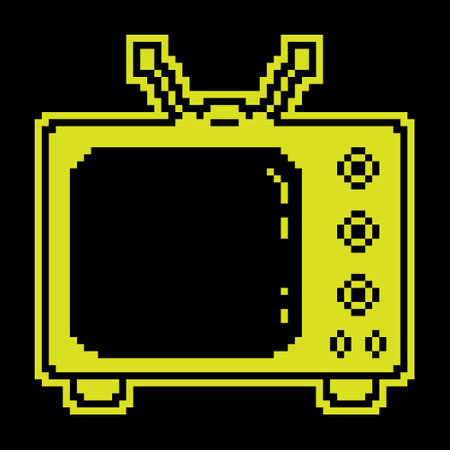 Pixel silhouette icon. Old wooden TV with antenna. Vintage TV. World Television Day 21 November. Simple black and yellow vector isolatedのイラスト素材