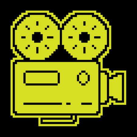 Pixel silhouette icon old camcorder. Filming movie on retro instrument. Film recording of movie. Simple black and yellow vectorのイラスト素材