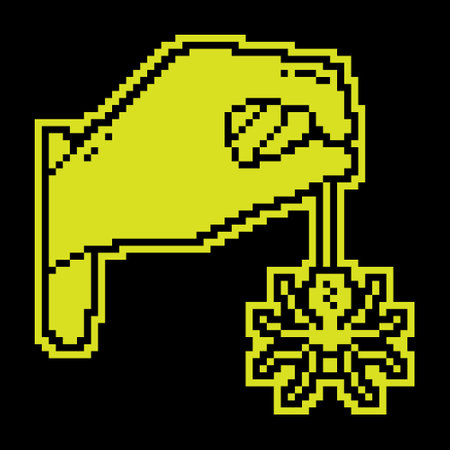 Pixel silhouette icon. Hand of sorceress holds huge spider on web. Halloween. Magic and witchcraft,...
