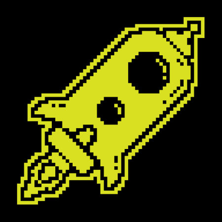 Flying space rocket Pixel silhouette icon. Flights to Mars, Moon and planets of solar system. Technologies for space exploration. Simple black and yellow vectorのイラスト素材