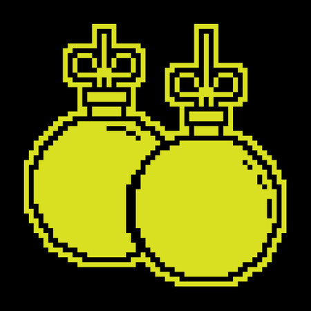 Pixel icon. New Year glass ball, decoration for Christmas tree. Simple black and yellow vector isolated on black backgroundのイラスト素材
