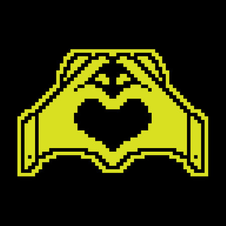 Pixel silhouette icon. Human hands join fingers in shape of heart. Gesture of friendliness and love. Simple black and yellow vector isolatedのイラスト素材