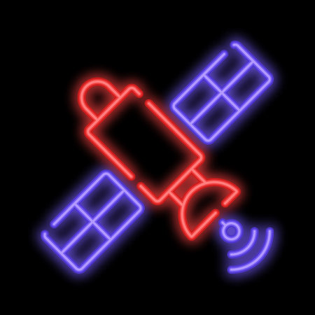 Glowing telecommunications orbital satellite sends signal to receiving device. Navigation spacecraft for transmitting. Night advertising sign element. Glowing neon icon isolated on black backgroundのイラスト素材