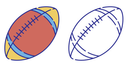 Thin line stroked color icon. Bright ball for playing American football. Rugby team sports equipment. Simple vector isolated on white backgroundのイラスト素材