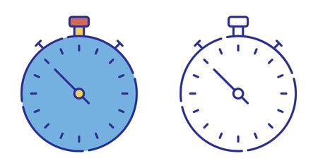 Thin line stroked color icon. Bright Mechanical stopwatch dial with hands. Countdown, speed measurement. Simple vector isolated on white backgroundのイラスト素材