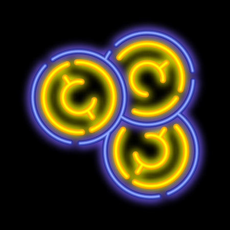 Neon glowing dold american coin 1 cent. Cash, bank loan, casino chip. Night advertising sign element. Glowing neon icon isolated on black backgroundのイラスト素材