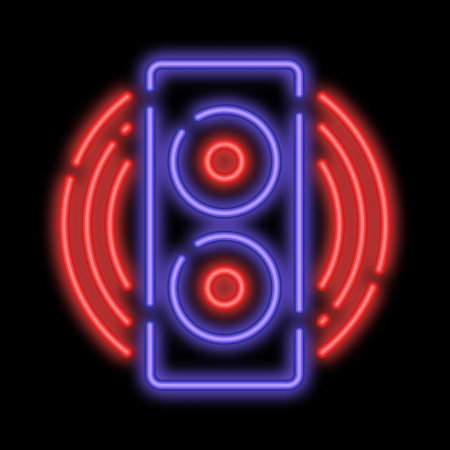 Neon glowing musical speaker for playing music with sound waves. Disco equipment. Night advertising sign element. Glowing neon icon isolated on black backgroundのイラスト素材