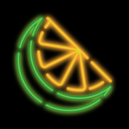 Neon glowing sliced lime fruit, juicy citrus. Harvesting tropical fruits. Glowing neon icon isolated on black backgroundのイラスト素材