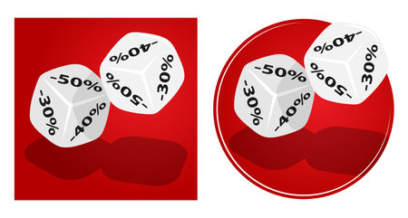 Flying dice with discount amount written on edges. Generous holiday special offer from discount store. Vector sticker on round and square backgroundのイラスト素材