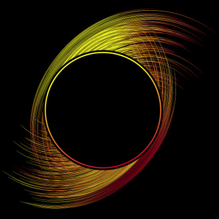 Neon glowing black hole frame with flaming space tunnel in the shape of all seeing eye. Gravitational anomaly with flaming fiery cascade from black center. Gradient vector isolated on black backgroundのイラスト素材
