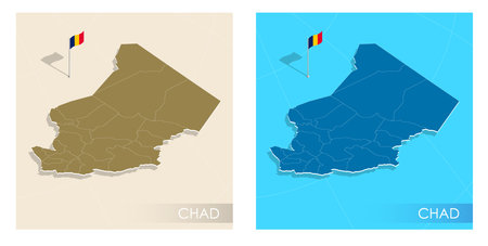 Chad country flag installed on geographic positioning map point of country territory. Chad commonwealth banner on land and sea. Festive patriotic HD format template for independence dayのイラスト素材
