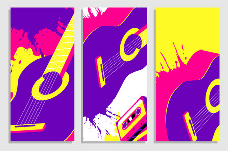 Set of vertical flyers with classical six string guitar dropped with colored blots, dots of paint. Templates for party invitation, banner, brochures print. Vectorのイラスト素材