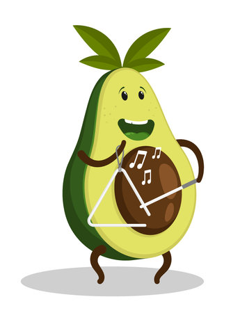 Cheerful musician avocado fruit plays a melody on a musical triangle by striking a thin metal stick. Cartoon vector isolated on white backgroundのイラスト素材