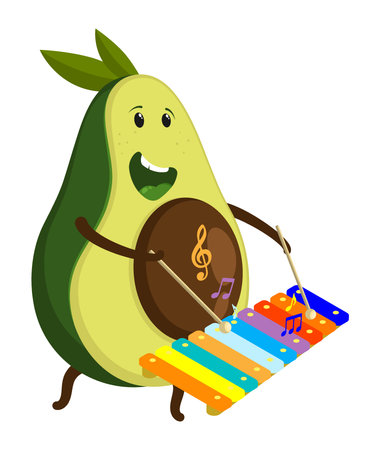 Cheerful musician avocado fruit plays a musical melody with wooden sticks on the keys of a children xylophone. Cartoon vector isolated on white backgroundのイラスト素材