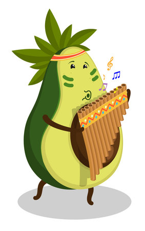 Cheerful musician avocado fruit plays a musical melody on Peruvian wind flute national musical instrument. Cartoon vector isolated on white backgroundのイラスト素材