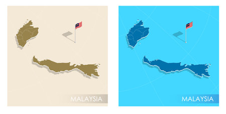 Malaysia country flag installed on geographic positioning map point of country territory. Malaysian commonwealth banner on land and sea. Festive patriotic HD format template for independence dayのイラスト素材