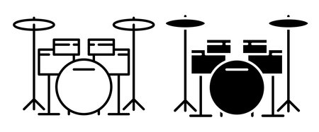 Linear icon. Drum set with drumsticks and copper drum cymbals. Simple black and white vector isolated on white backgroundのイラスト素材