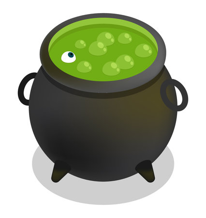Isometric foul smelling green potion bubbles in the sorcerer metal cauldron. Isolated cartoon vector on white backgroundのイラスト素材