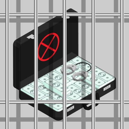 Isometric suitcase full of money behind prison bars inside a prison cell. Punishment for financial fraud. Cartoon 3D vector isolated on gray backgroundのイラスト素材