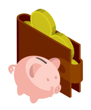 Isometric purse filled with gold coins next to a piggy bank. Isolated cartoon vector on white background top viewのイラスト素材
