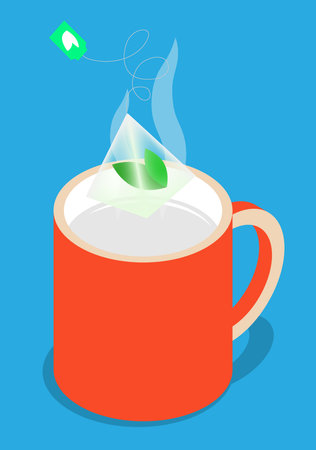 Isometric pyramid bag of aromatic herbal tea is dropped into a mug of hot water. Cartoon 3D vector concept isolated on blue backgroundのイラスト素材