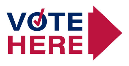 Isometric a vote here sign with a red arrow pointing to it. Cartoon 3D vector on blue background