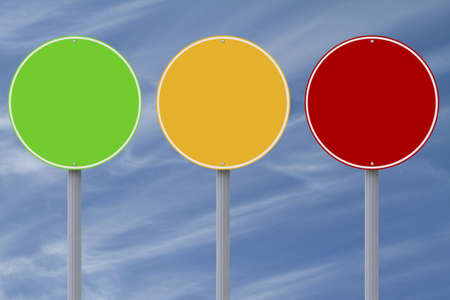 Three blank colorful road signs の写真素材