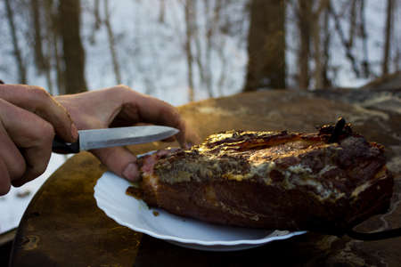 Delicious Pork Cooked in Homemade Smokehouse Put on The Plate, Cuttedの写真素材
