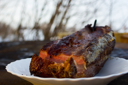 Delicious Pork Cooked in Homemade Smokehouse Put on The Plate, Cuttedの写真素材