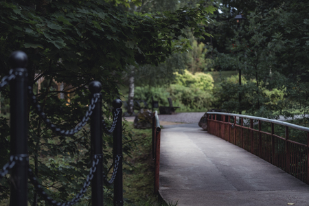 Moody, Dark Photo of the Bridge in a Park, Between Woods - with Blurred Park Benches in the Background - Desaturated, Vintage Look with Space for Text, Autumn dayの写真素材