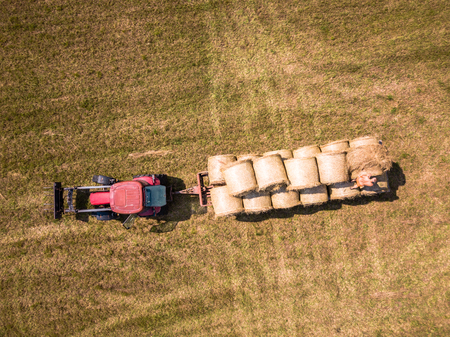 Aerial Drone Photo of Farmer Harvesting Hay Rolls in the Wheat Field with a Red Tractor - Sunny Summer Dayの写真素材