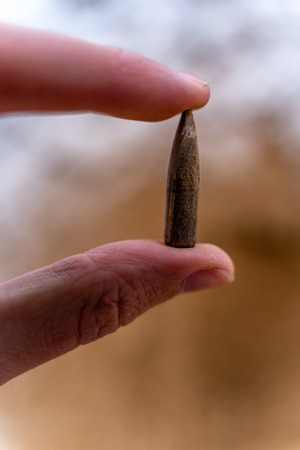 Bullet After Being Shot, Holding in Hand, Sands and Snow in the Background
