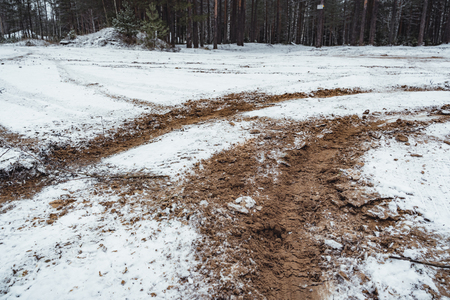 Car Tire Marks on an Empty Field Covered With Snow, Wood in the Background - Cloudy Day, Vintage Film Lookの写真素材