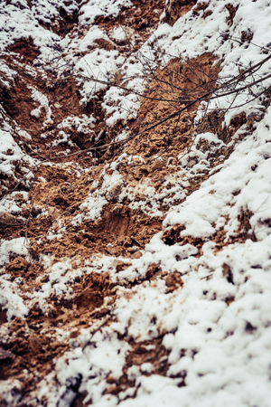Closeup View of Sands with the Little Winter Frost and Snow on Them, Vintage Film Lookの写真素材