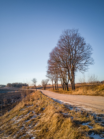 Empty Countryside Landscape in Sunny Winter Day with Snow Partly Covering the Ground, Road in the Middle of Photo - Concept of Peace and Harmonyの写真素材