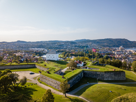 Drone Photo of the City Trondheim in Norway on Sunny Summer Day with Mountains in the Background and the Look on Old Castle - Concept of Travel and Harmonyの写真素材