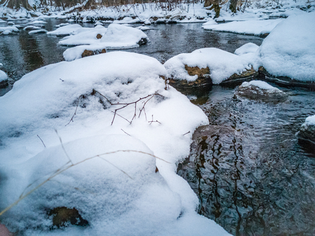 Closeup Details of Partly Frozen in Cloudy Winter Day with Snow Covering the Ground, Abstract Background - Concept of Sadnessの写真素材