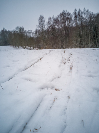 Empty Countryside Landscape in Sunny Winter Day with Snow Covering the Ground, Abstract Background with Deep Look and Car Tracks on Foreground - Concept of Fun and Joyの写真素材